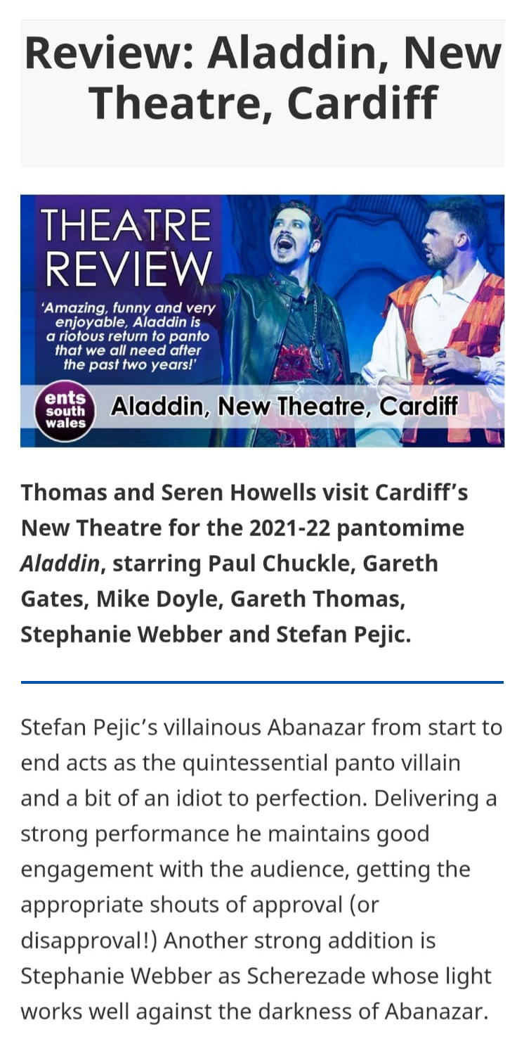 Stefan Pejic - Aladdin, New Theatre Cardiff 2021/2022
